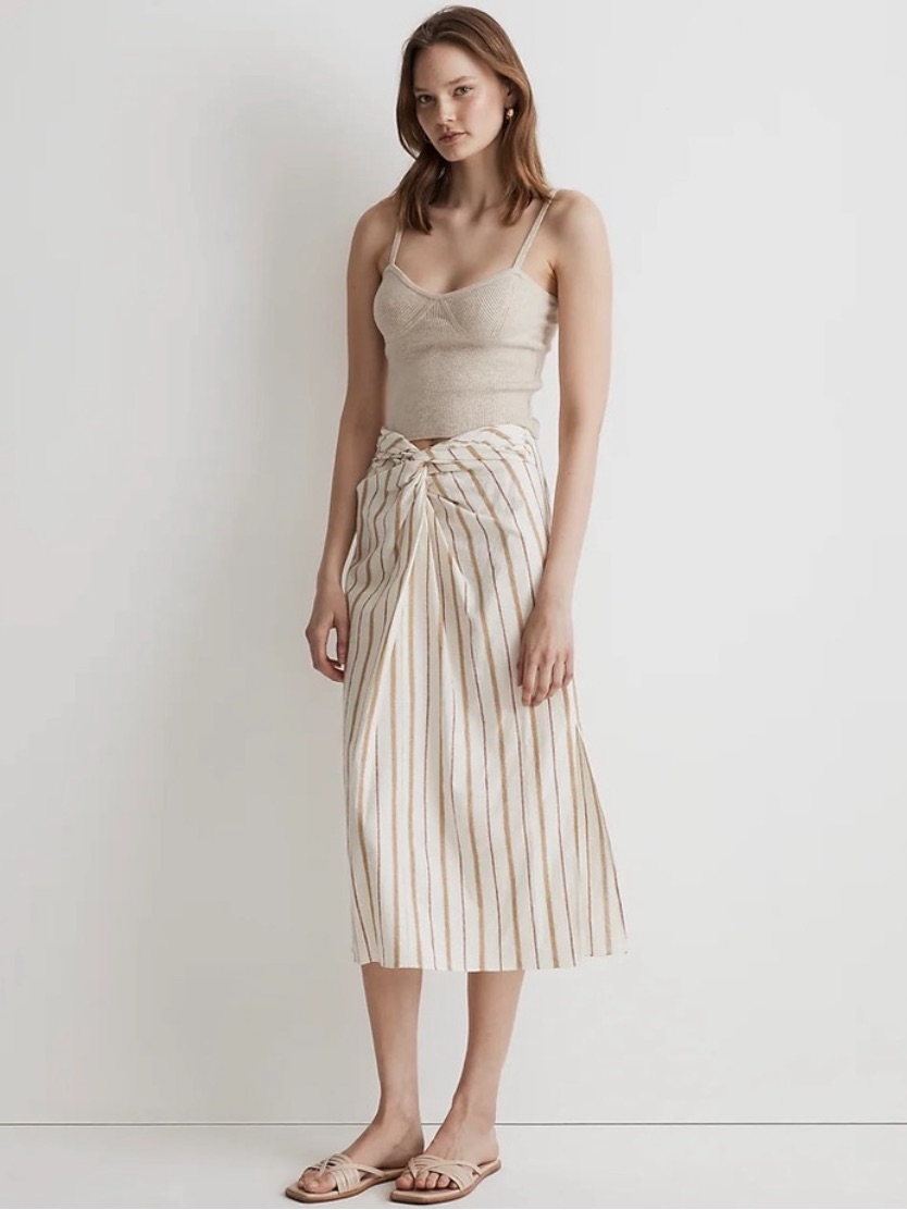 Madewell Linen Cotton Twist Front Sarong Striped Midi Skirt
